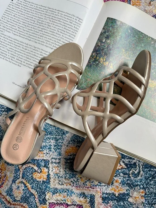 Metallic Block Heel Sandals - Picture 11 of 16